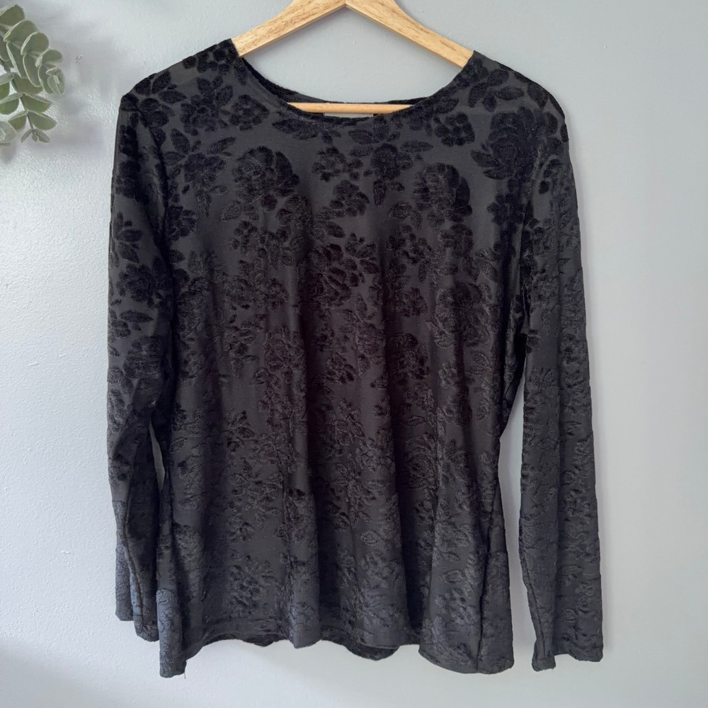 Whimsigoth Vtg 90s Velvet Burnout Black Floral Top Grunge Long Sleeve Wmns XL